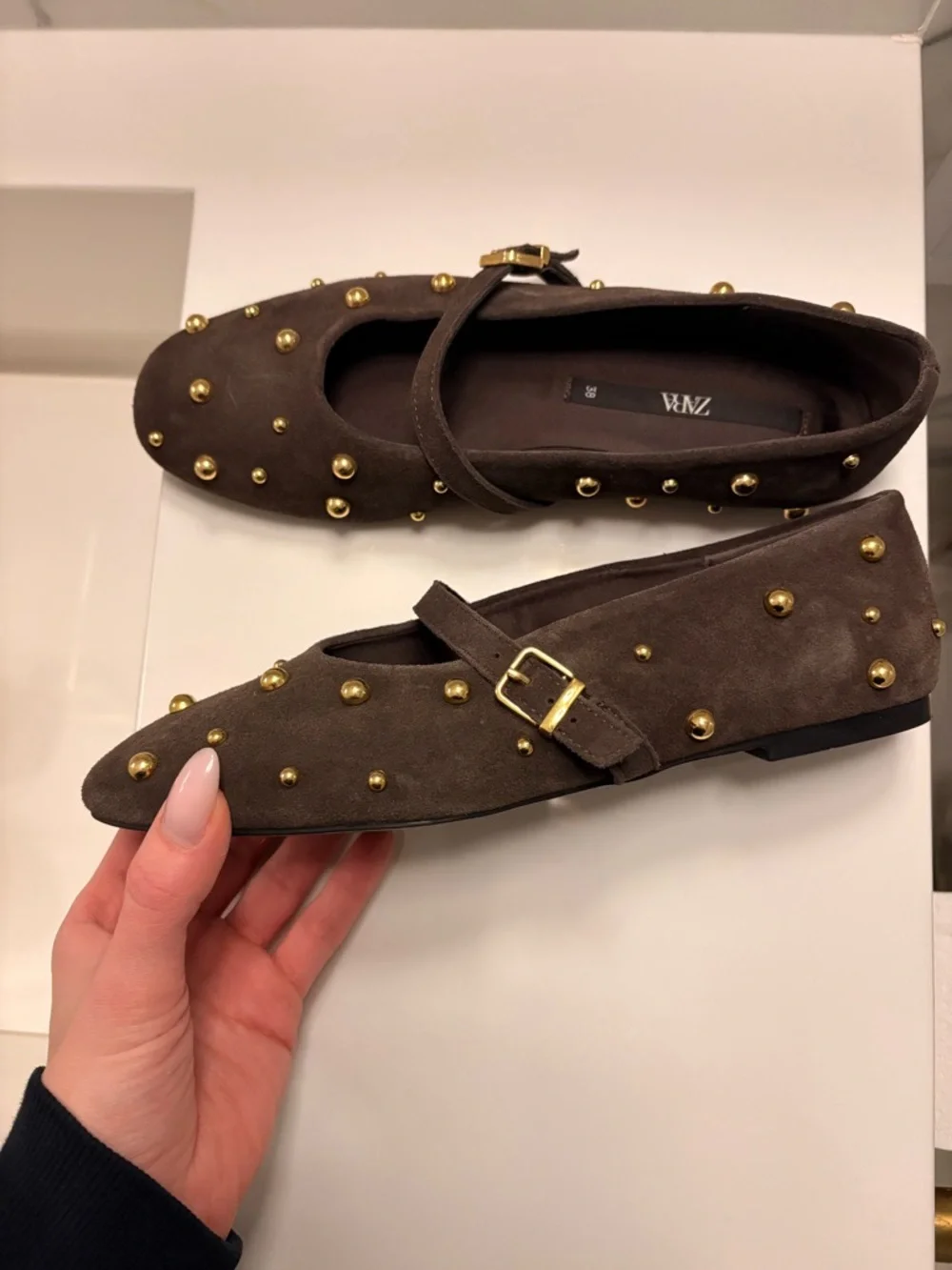 Zara Chocolate Brown Suede Mary Jane Flats with Gold Studs - Picture 3 of 5